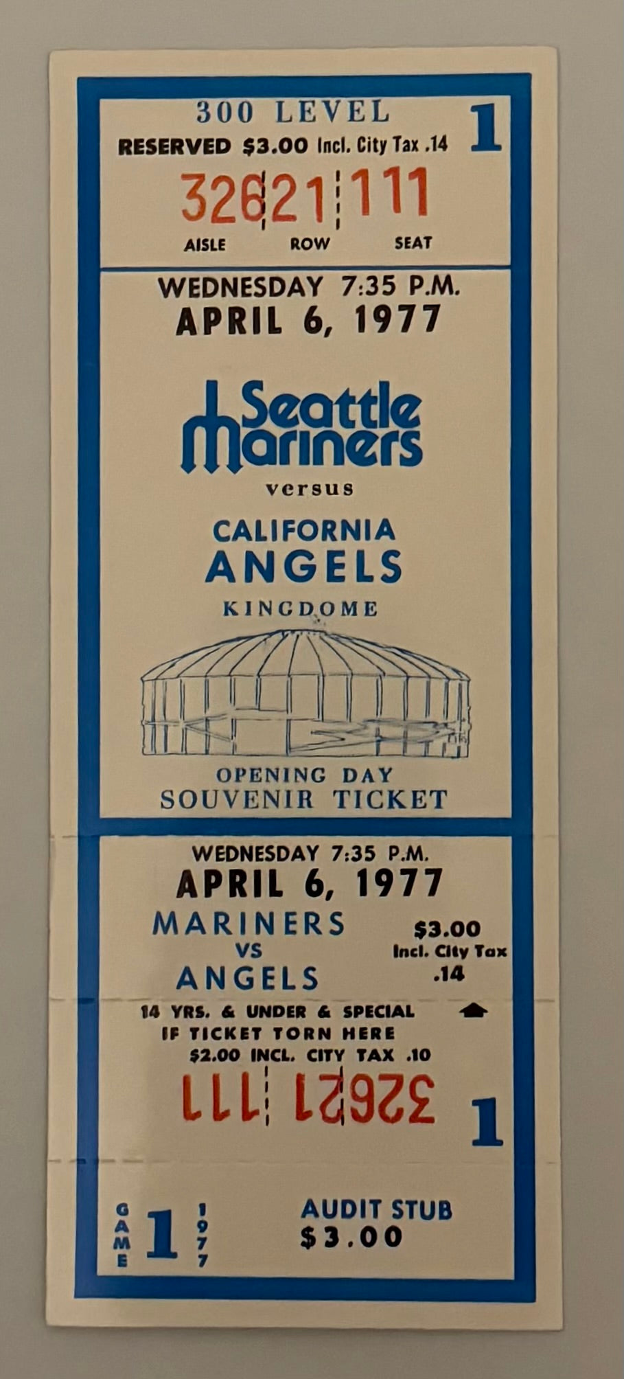 1977 Seattle Mariners versus California Angels, Opening Day Souvenir Ticket, April 6, 1977, Game Played at Kingdome