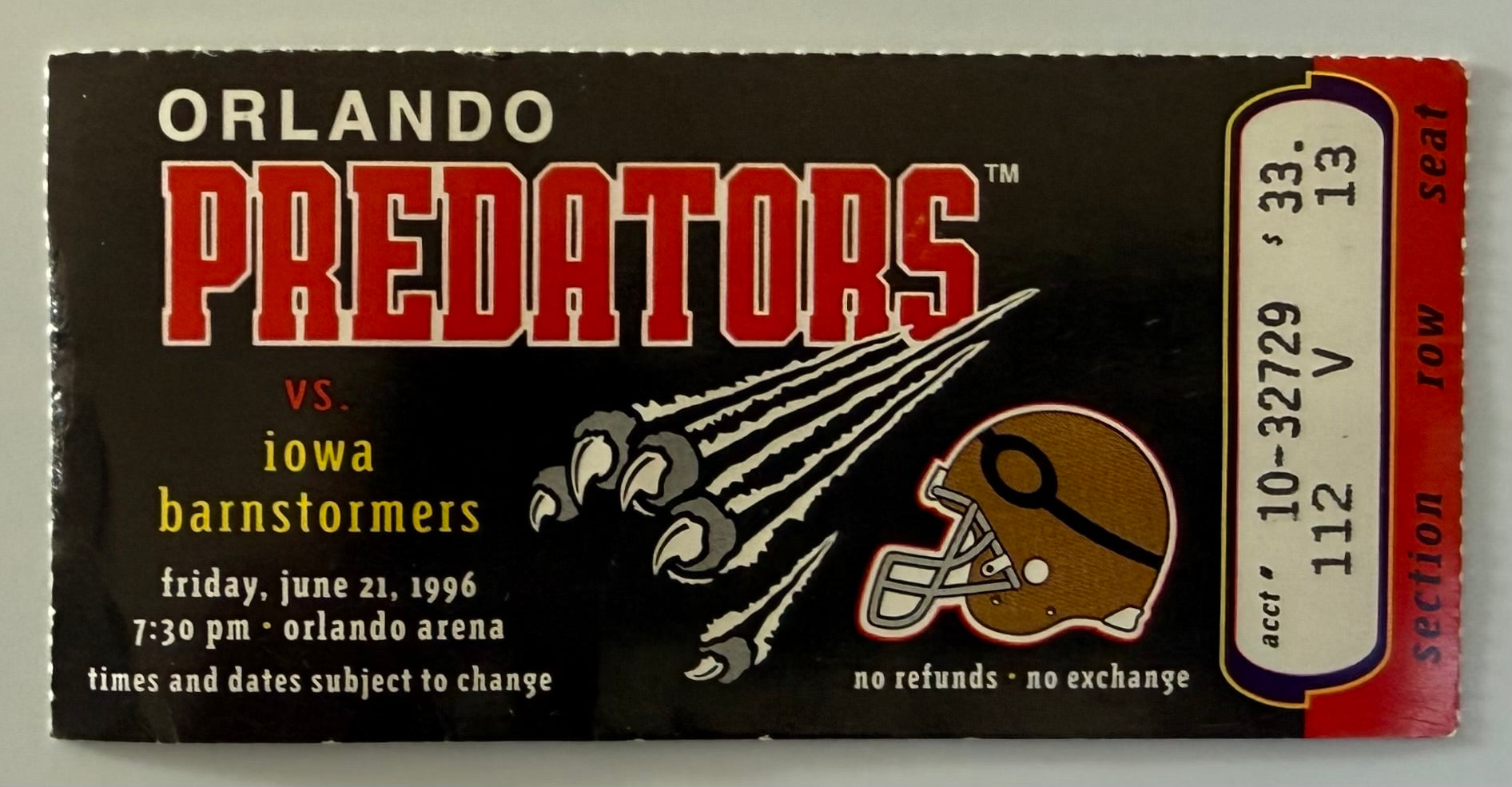 June 21, 1996, Orlando Predators versus Iowa Barnstormers, Arena Football League