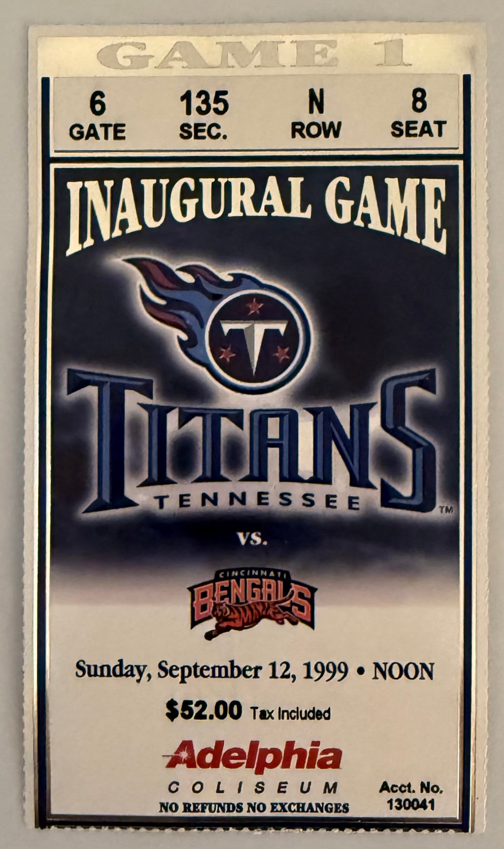 September 12, 1999, Tennessee Titans versus Cincinnati Bengals, First Regular Season Game