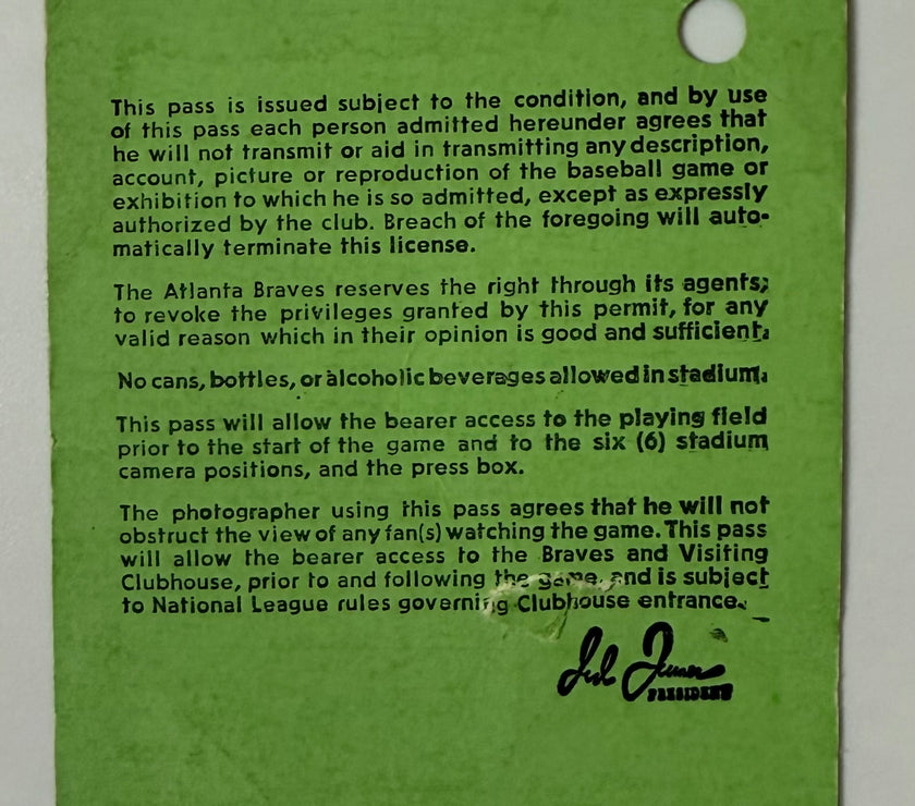 1983 Press Pass for Atlanta Braves,  Field, Press Box and Clubhouse, April 23, 1983