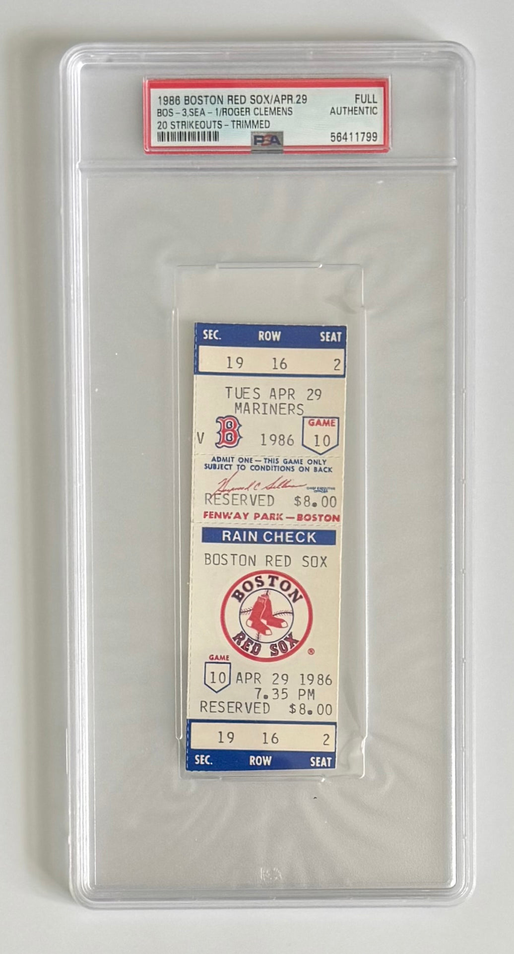 1986 Boston Red Sox, April 29, 1986, Boston-3 Seattle-1, Roger Clemens Strikes Out 20, PSA