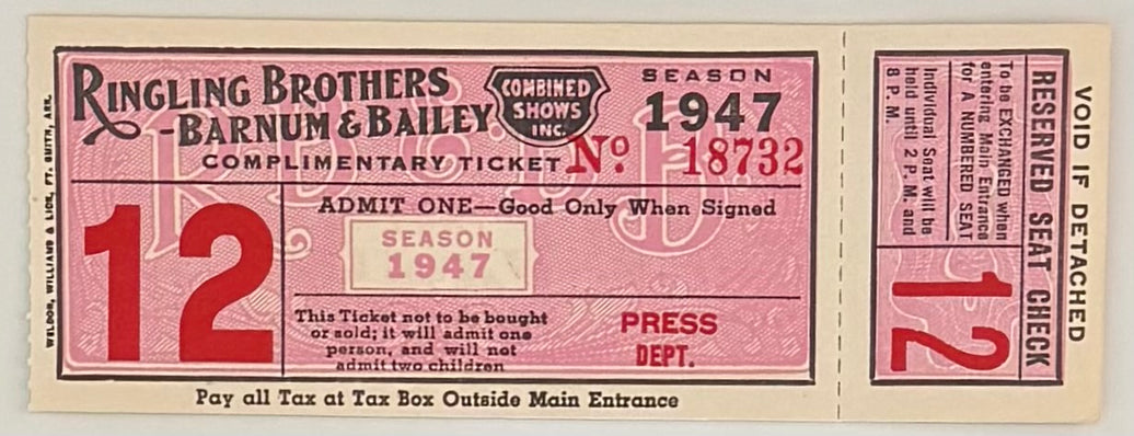 1947 Ringling Brothers Barnum and Bailey Circus, Full Ticket