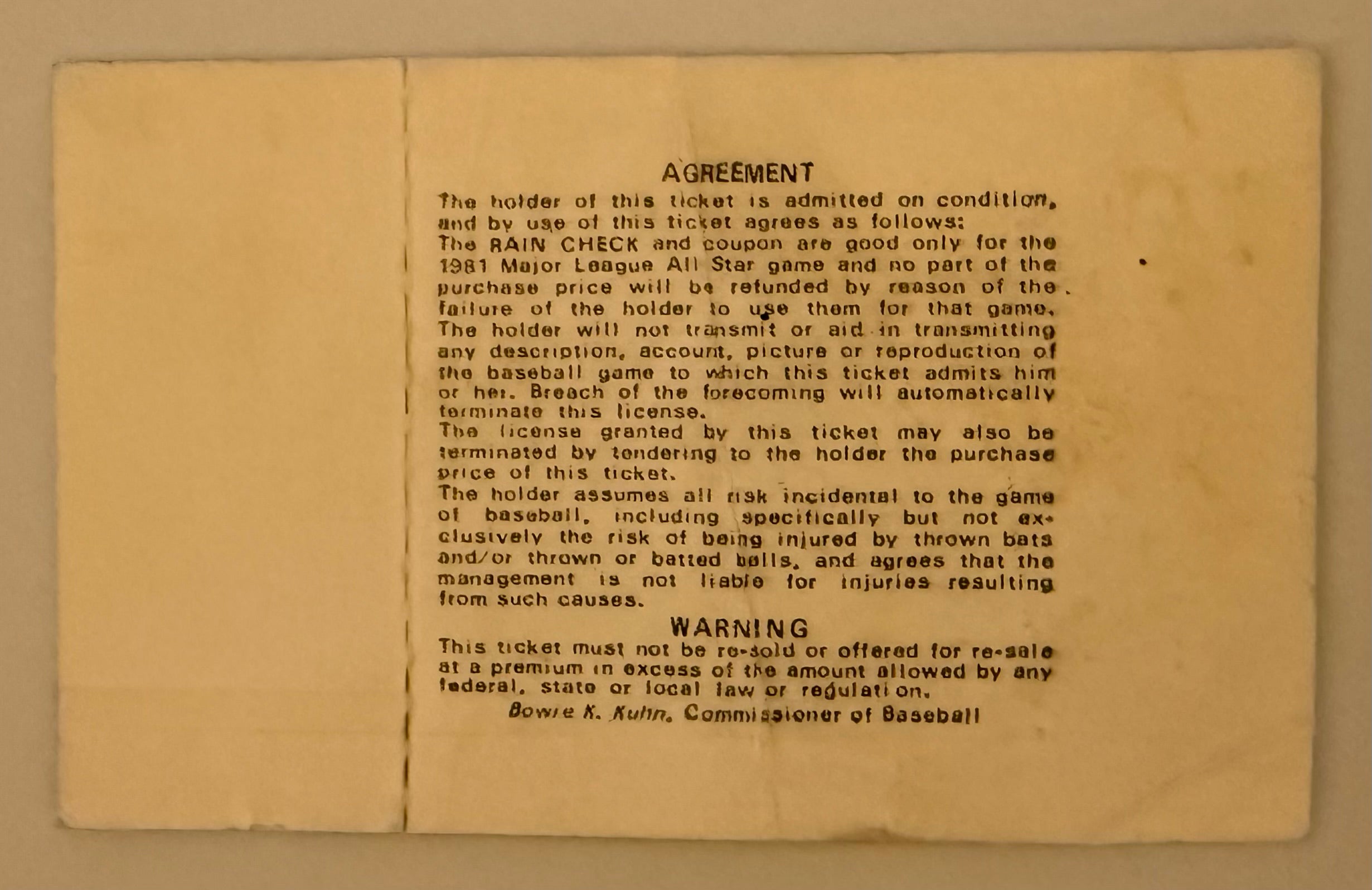 7/14/1981 MLB All Star Game Cleveland Stadium, Creases, Poor Condition
