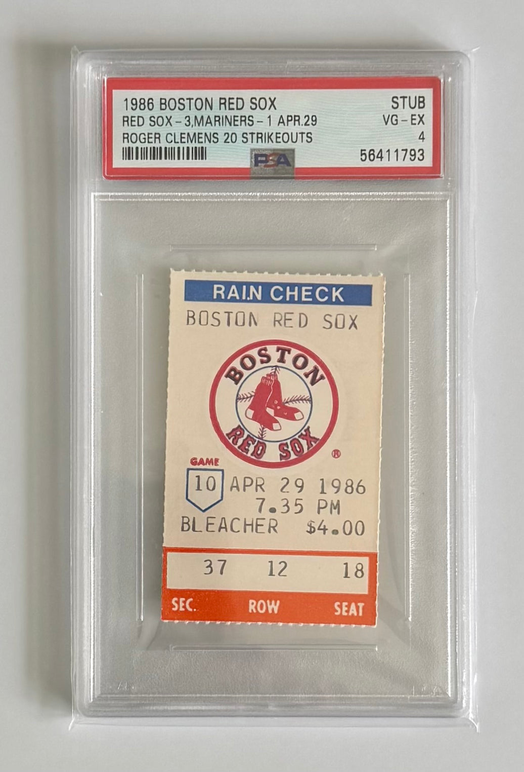 1986 Boston Red Sox, April 29, 1986, Boston-3 Seattle-1, Roger Clemens Strikes Out 20, PSA