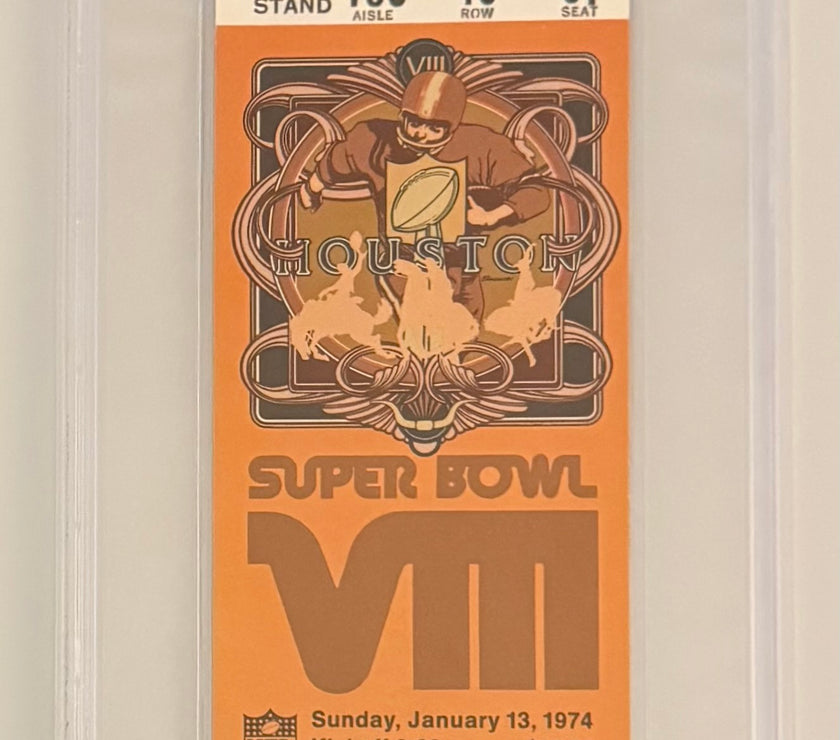 1974 Super Bowl VIII Full Ticket Graded Excellent 5, Dolphins 24 Vikings 7, Larry Czonka MVP
