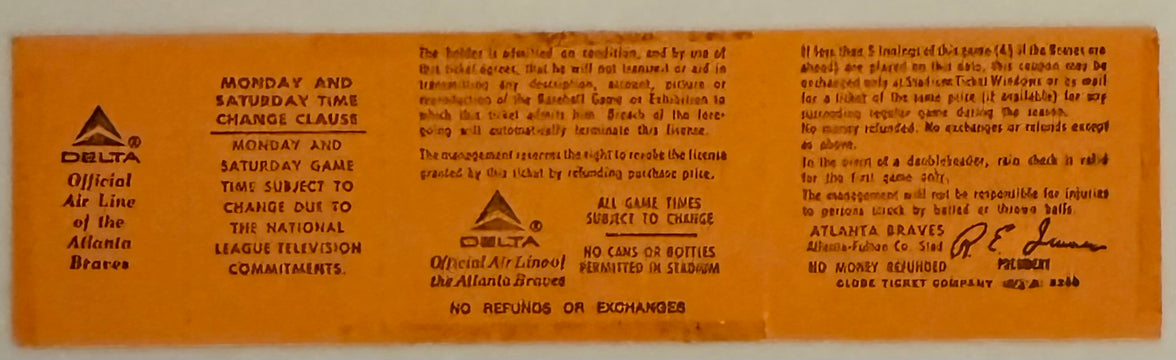 August 1, 1978, Pete Rose 44 Game Hit Streak Ended by Gene Garber-Full Ticket-$250