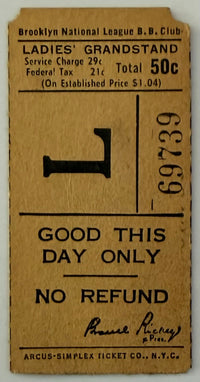 Undated Brooklyn Dodgers Ladies Grandstand Stub $ .50, Branch Rickey, Likely 1941-1946