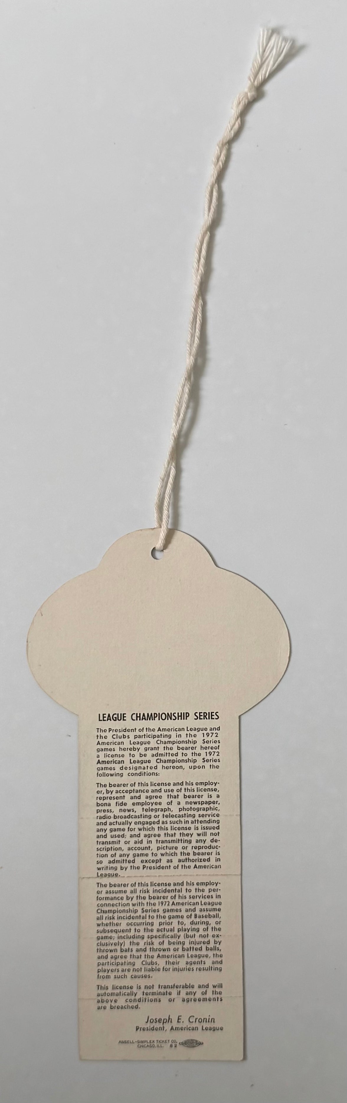 1972 American League Championship Series at Tiger Stadium in Detroit, Press Pass for NBC TV for Games 3-4-5