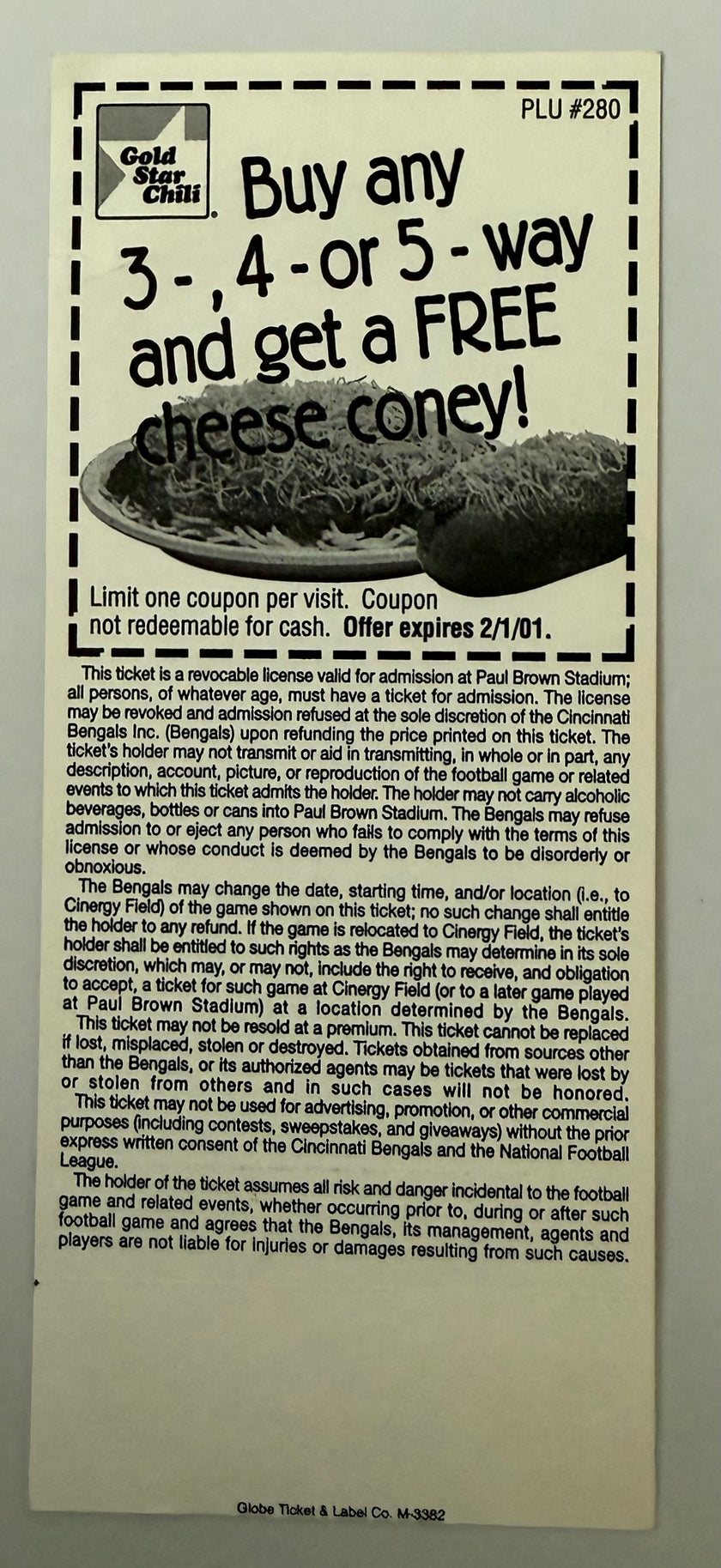 2000 Cincinnati Bengals First Regular Season Opening Game at Paul Brown Stadium, Ticket Labeled Inaugural Game, September 10, 2000