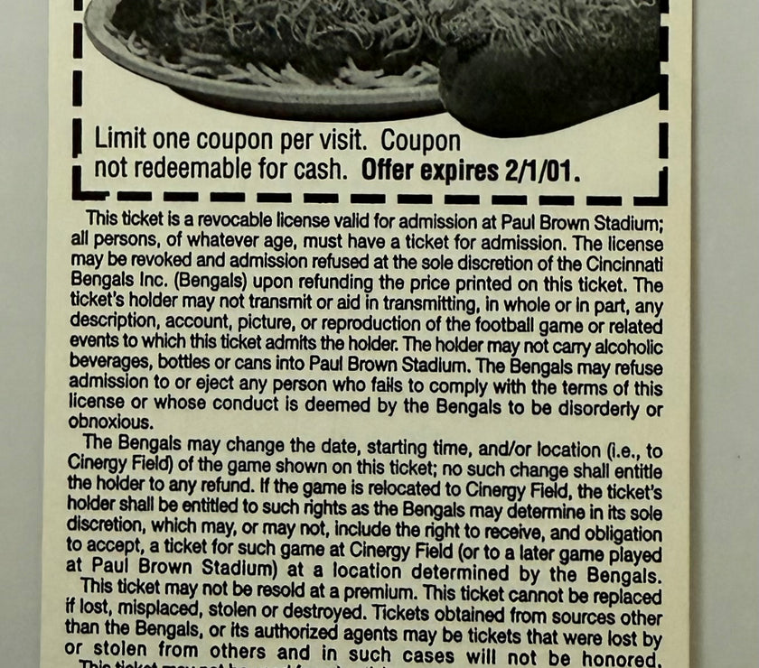 2000 Cincinnati Bengals First Regular Season Opening Game at Paul Brown Stadium, Ticket Labeled Inaugural Game, September 10, 2000