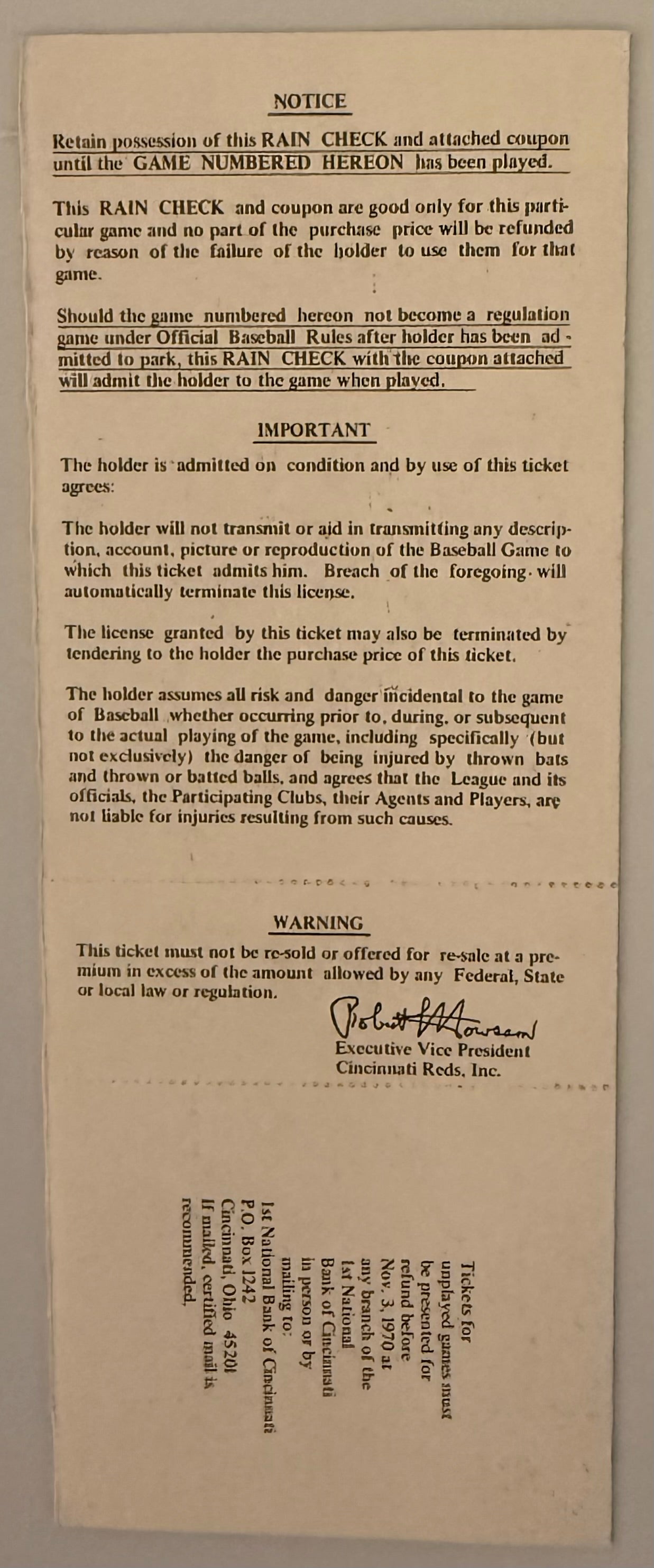 1970 Championship Series Game Three - Cincinnati Reds, Full Ticket