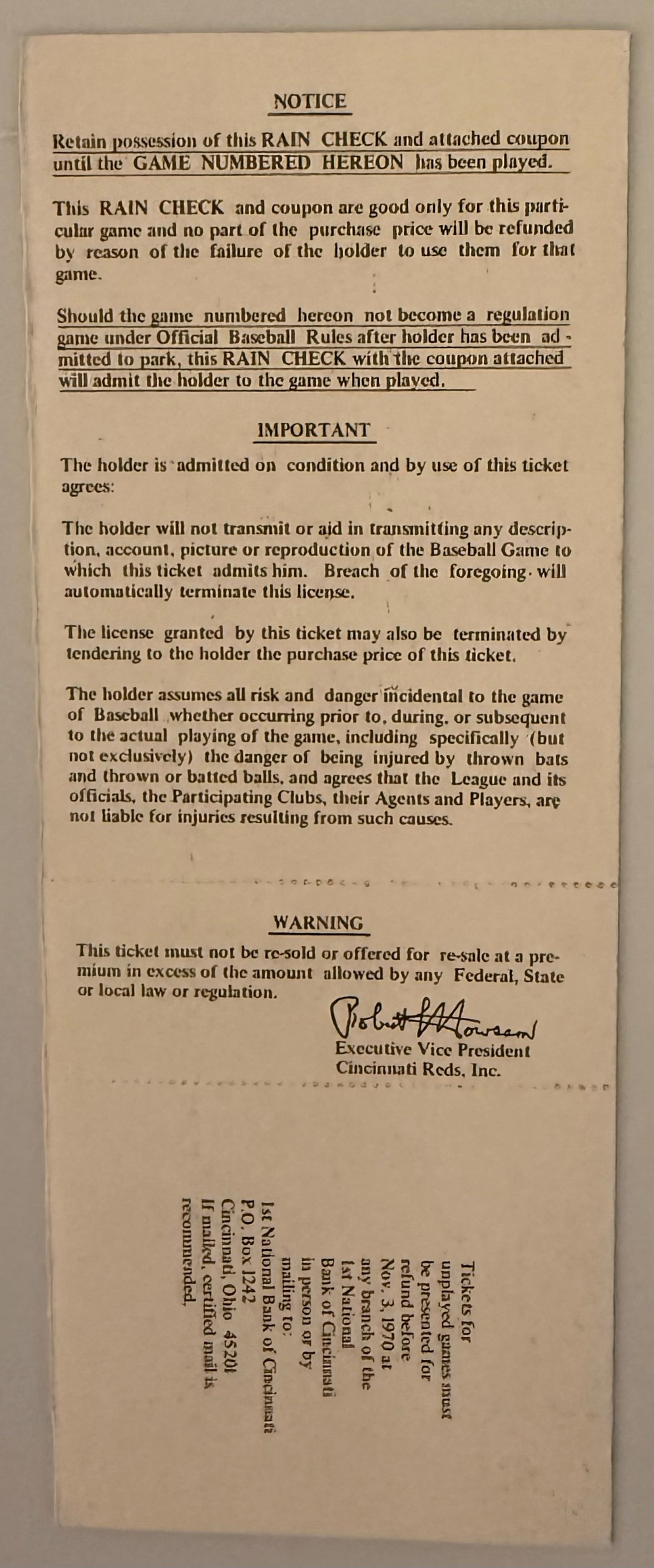 1970 Championship Series Game Three - Cincinnati Reds, Full Ticket
