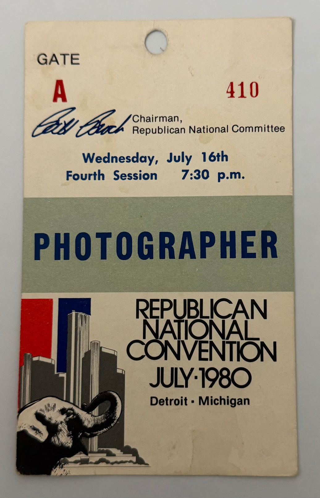 1980 Photographer Badge to the July 16 Fourth Session of the Republican National Convention