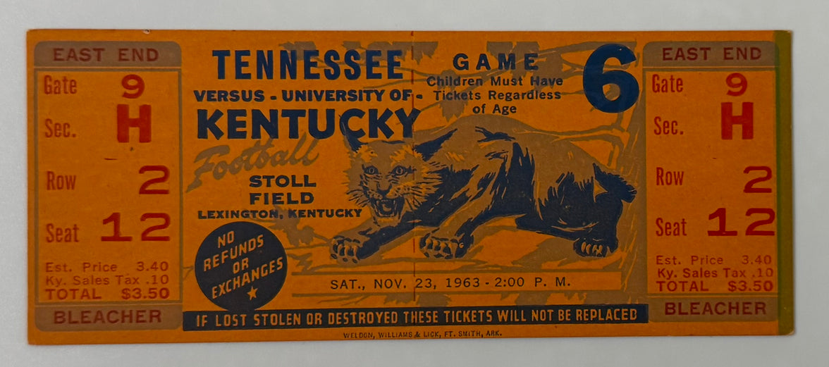 1963 Tennessee VS. University of Kentucky in Lexington, Kennedy Assassination Weekend, November 23, 1963