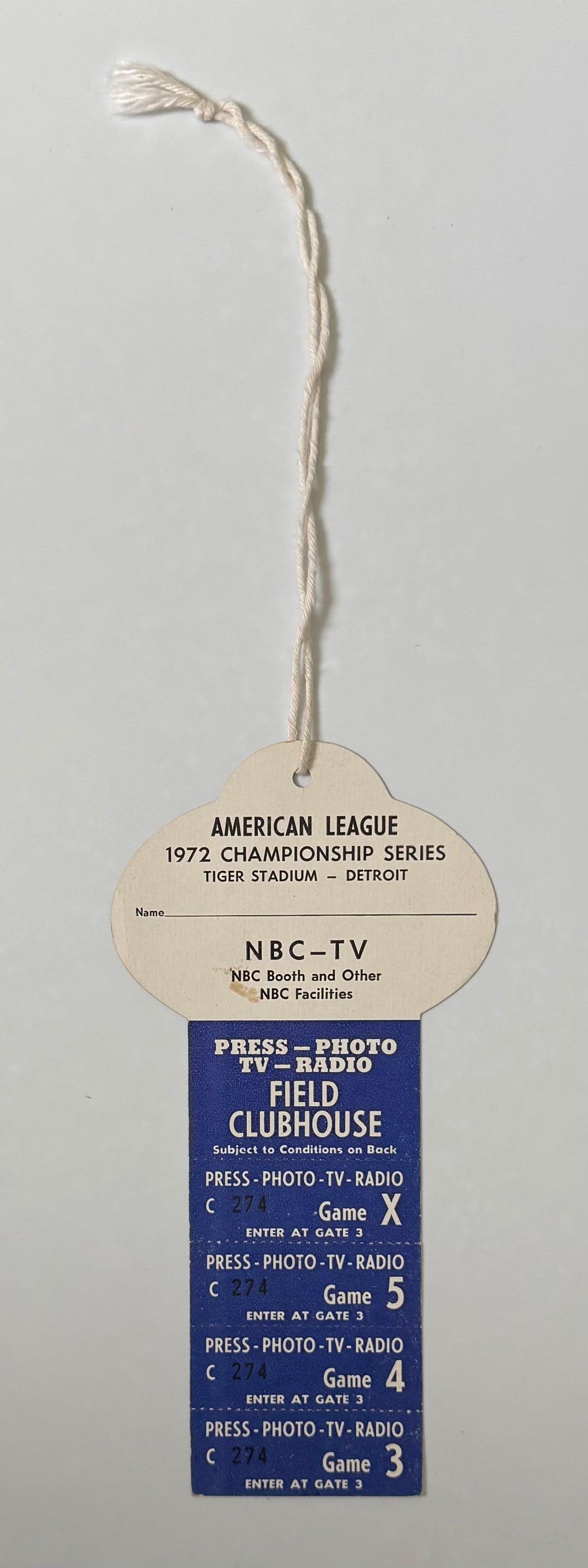 1972 American League Championship Series at Tiger Stadium in Detroit, Press Pass for NBC TV for Games 3-4-5