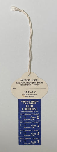 1972 American League Championship Series at Tiger Stadium in Detroit, Press Pass for NBC TV for Games 3-4-5