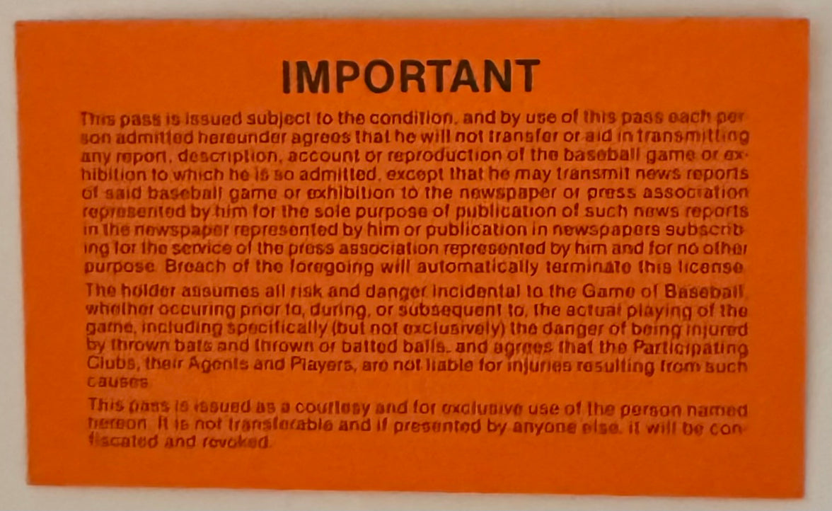 1988 San Francisco Giants Candlestick Park Press Pass