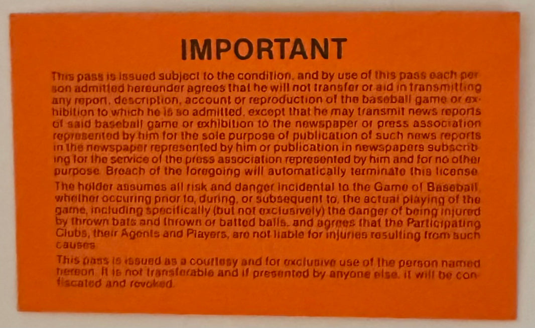 1988 San Francisco Giants Candlestick Park Press Pass