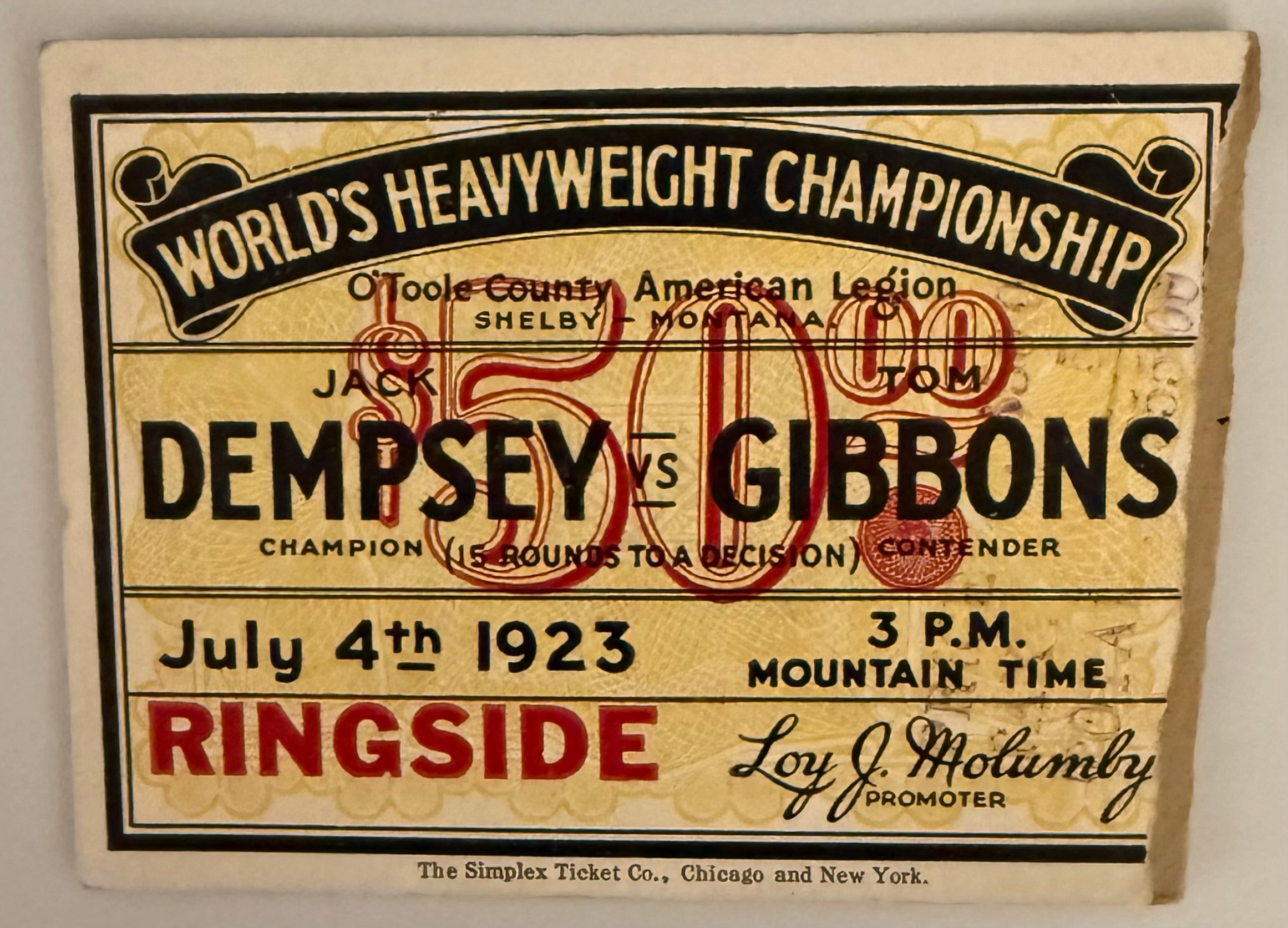 July 4, 1923, Dempsey - Gibbons Heavyweight Fight, The Fight that Broke a Town, Paper Loss on Reverse