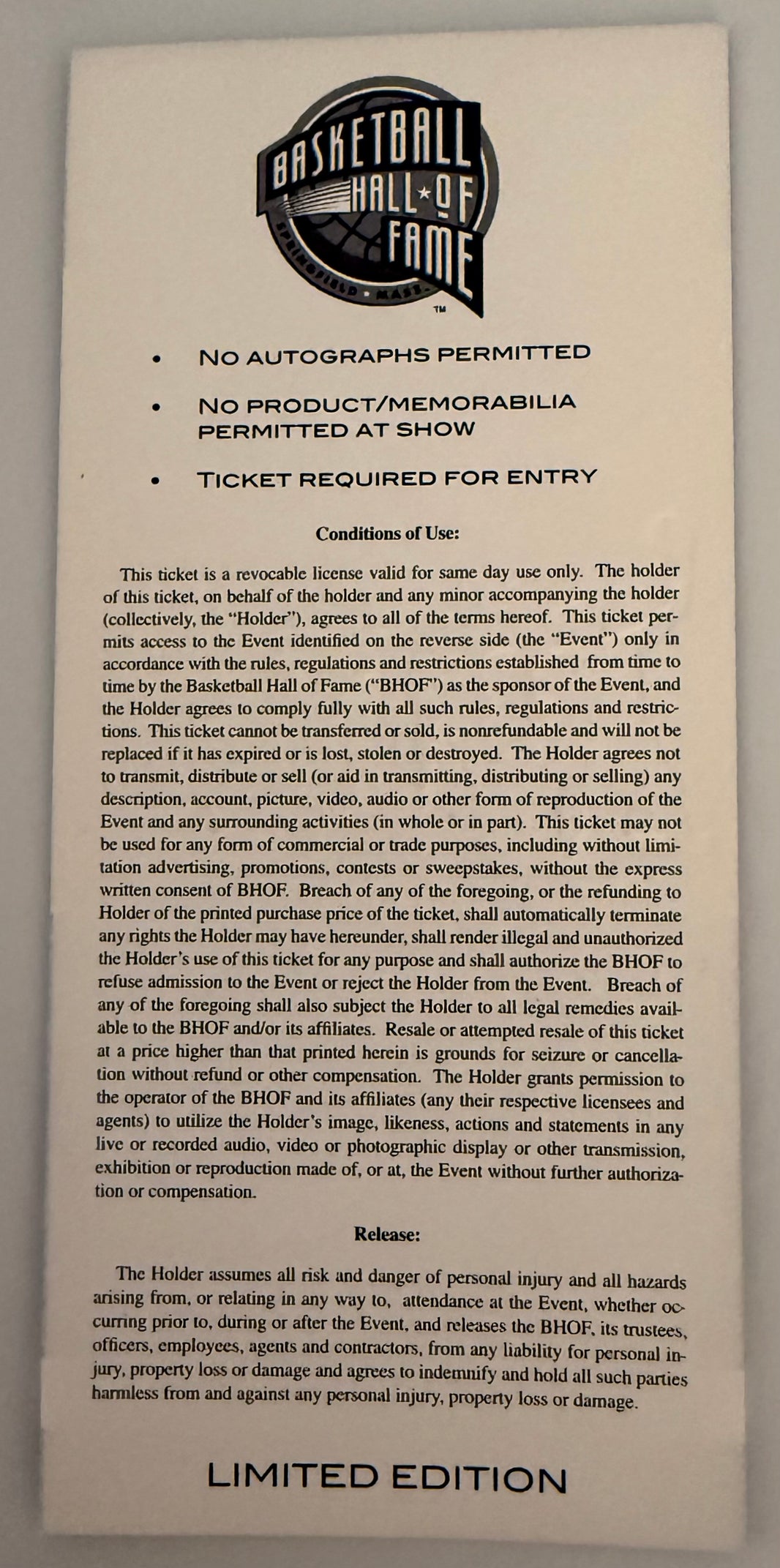 September 11, 2009, Michael Jordan NBA HOF Enshrinement Ceremony Souvenir Ticket
