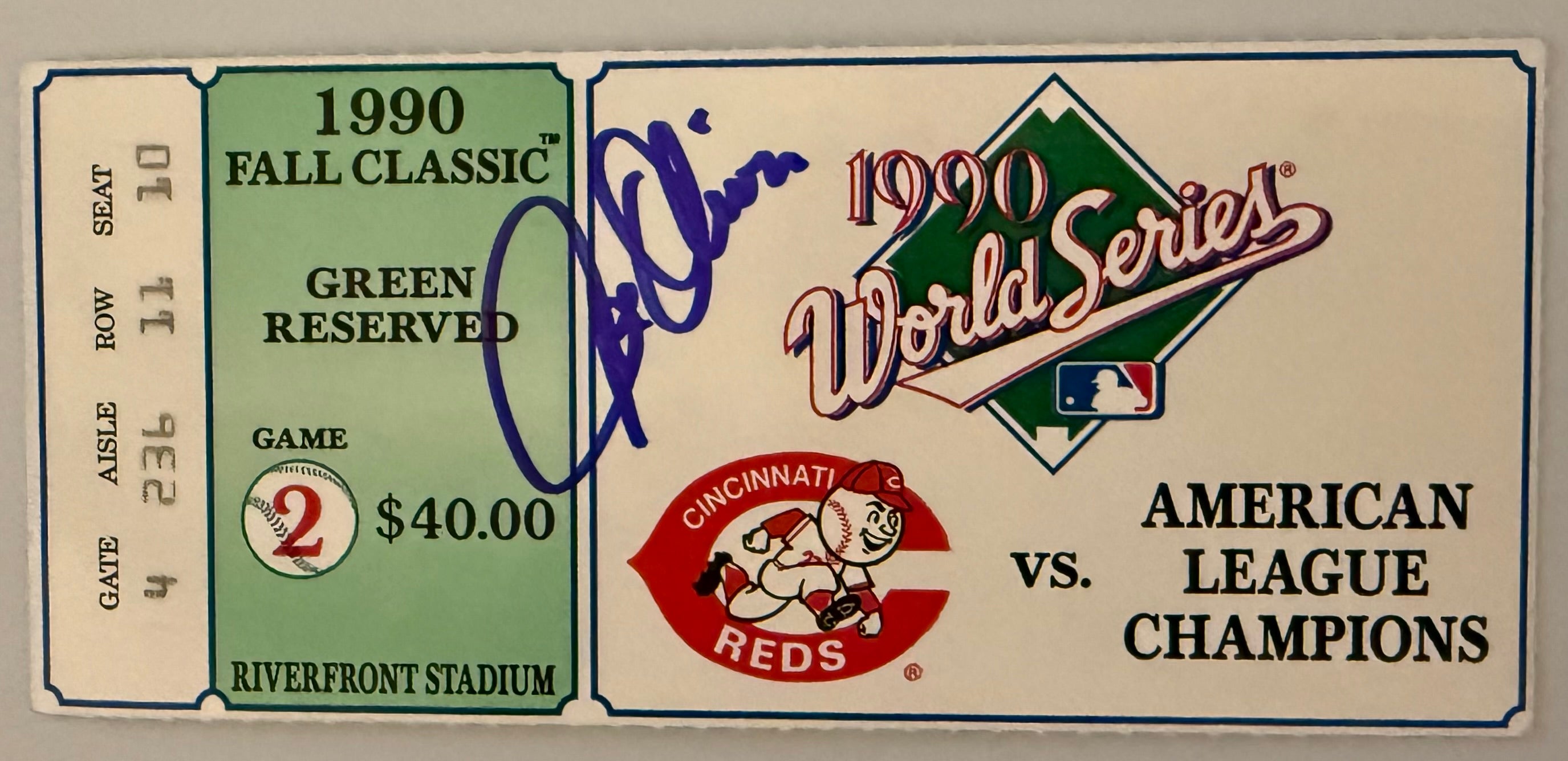 1990 World Series Game 2, Cincinnati Reds versus Oakland, Signed by Joe Oliver
