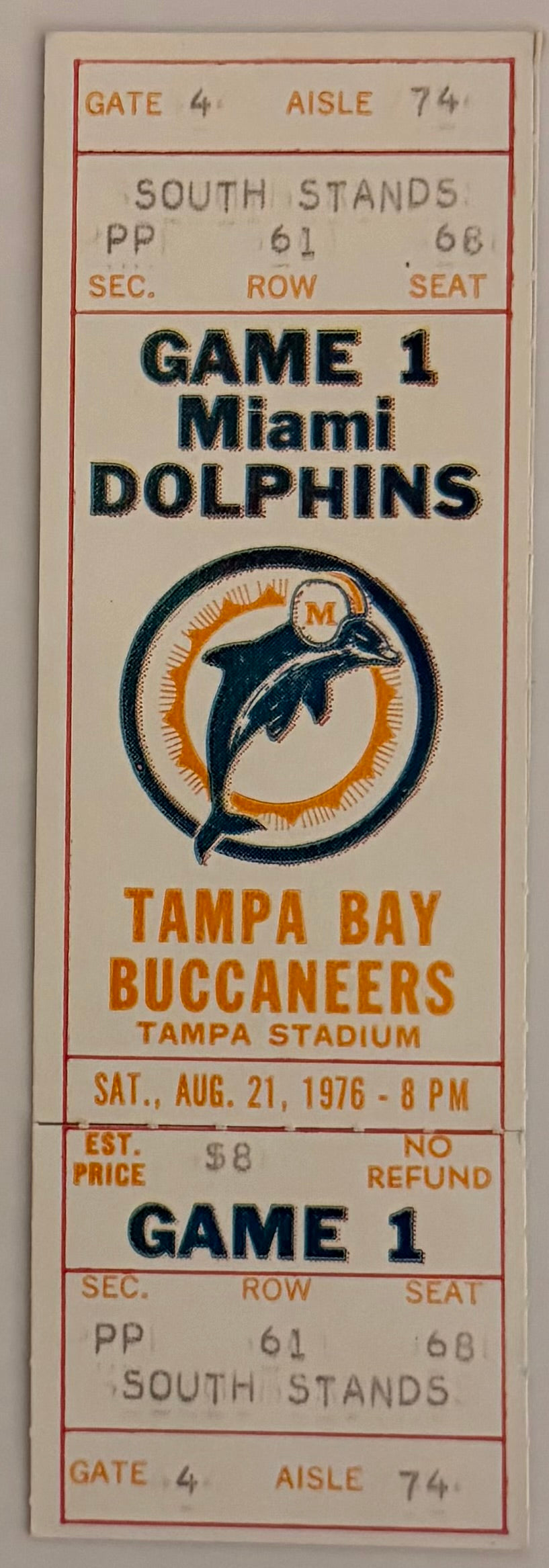 August 21, 1976, Tampa Bay First Ever Home Game Full Ticket