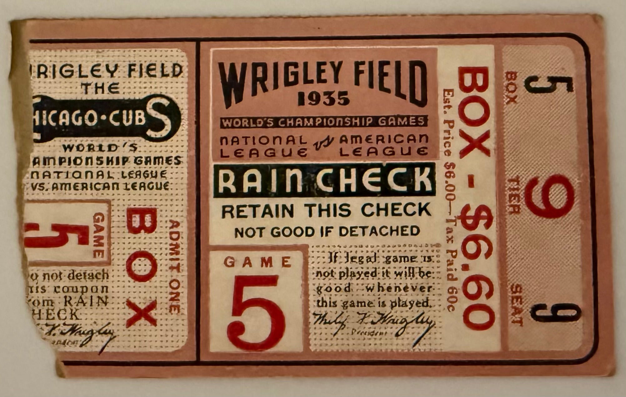 1935 Chicago Cubs lose 1935 World Series to Detroit Tigers 4 Games to 2 Ticket is for Game 5