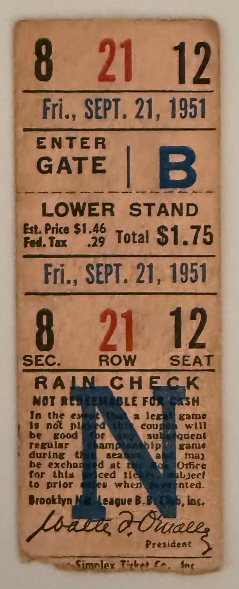 September 21, 1951, Brooklyn Dodgers