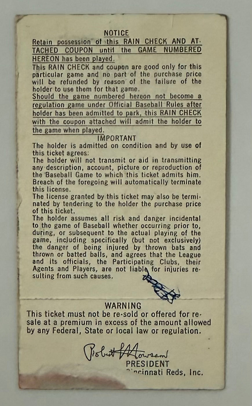 1973 NLCS between Cincinnati Reds and New York Mets, Game 1 at Riverfront Stadium, Writing on Back