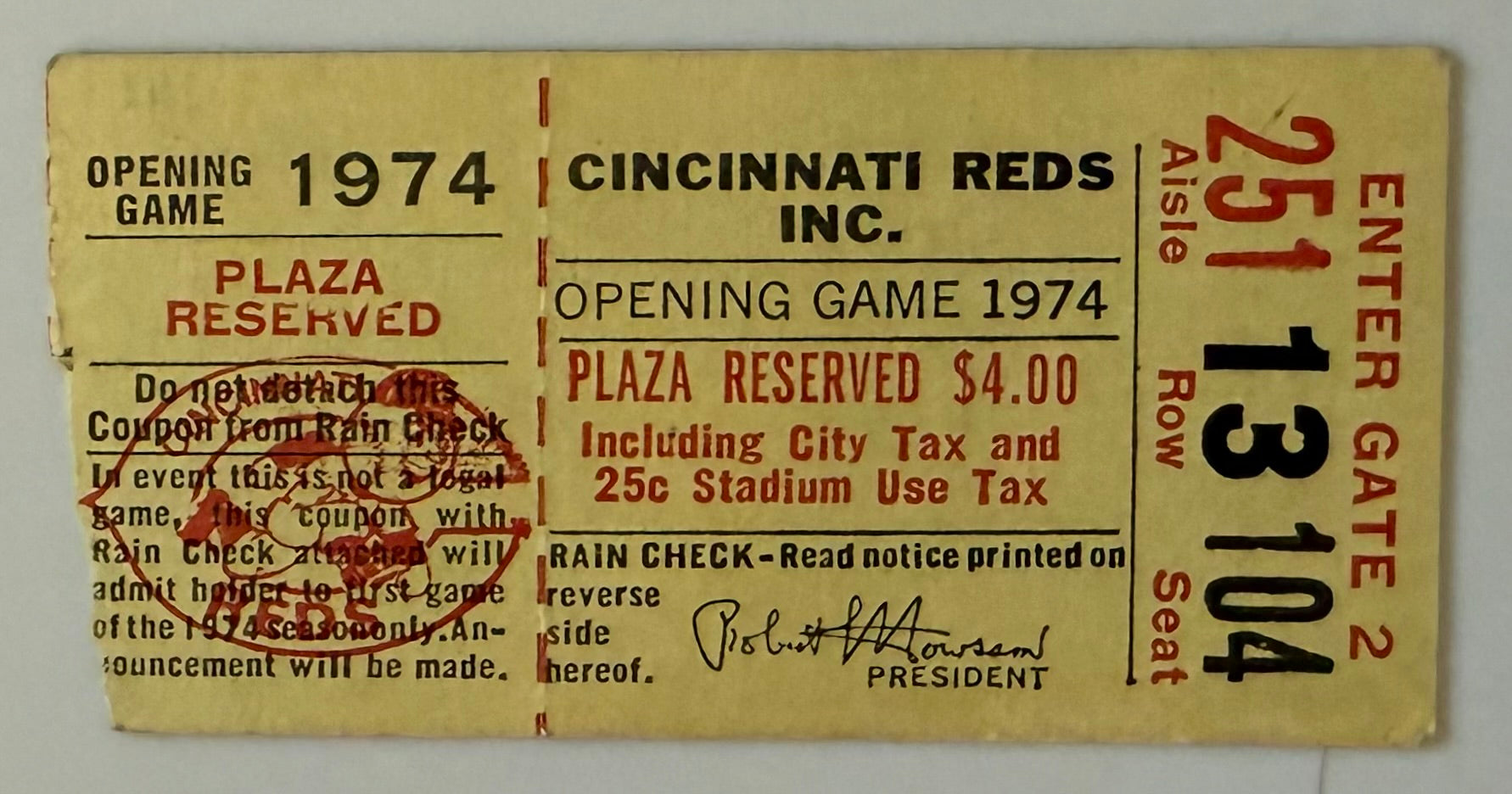 1974 Cincinnati Reds Opening Day Stub, Hank Aaron ties Babe Ruth’s Home Run Record with 714 Home Runs, Marty Brennaman‘s Cincinnati Reds Announcer Debut