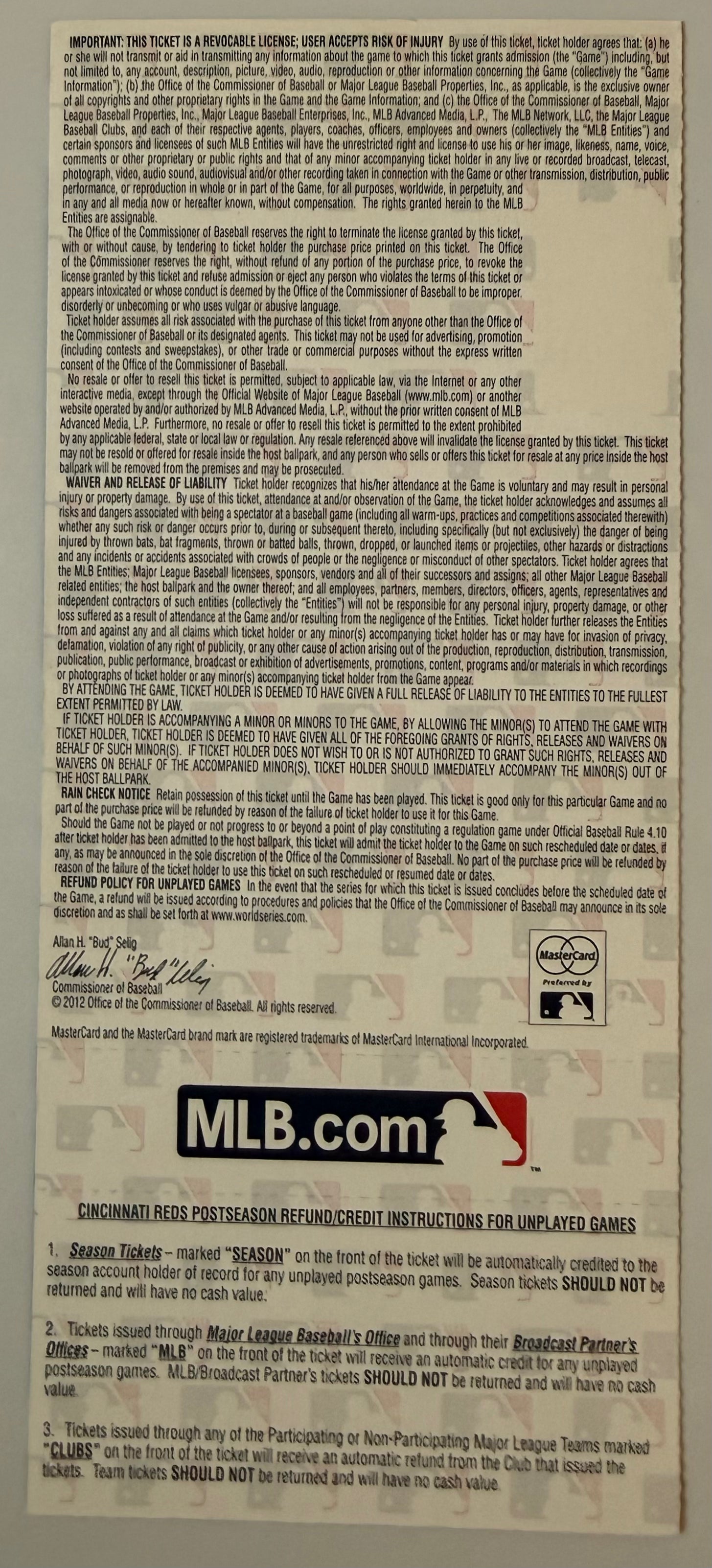 2012 World Series, Game 7, Cincinnati Reds, Phantom Ticket, Game Not Played