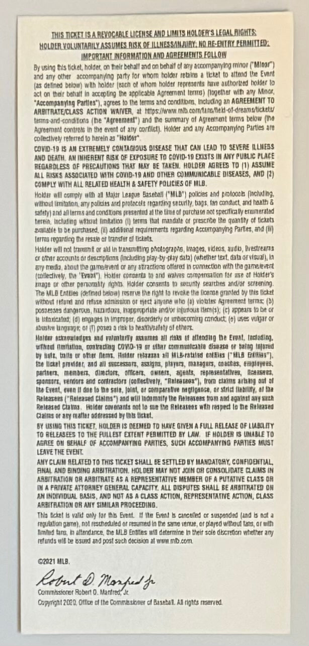 August 12, 2021, Souvenir Ticket, First Ever Field of Dreams Game, Yankees versus White Sox